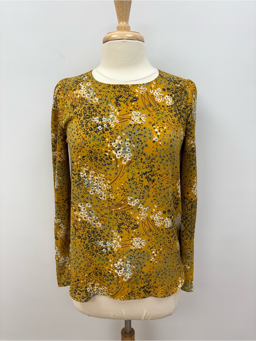 Ann Taylor LOFT Floral Garden Long Sleeve Blouse Golden Yellow XXS